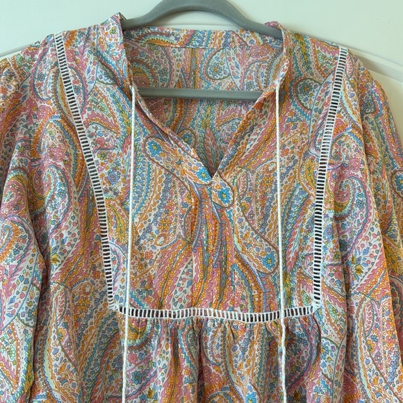 Peacock Pattern Print Tie Neck Lantern Sleeve Blouse Peplum Top - Picture 5 of 8